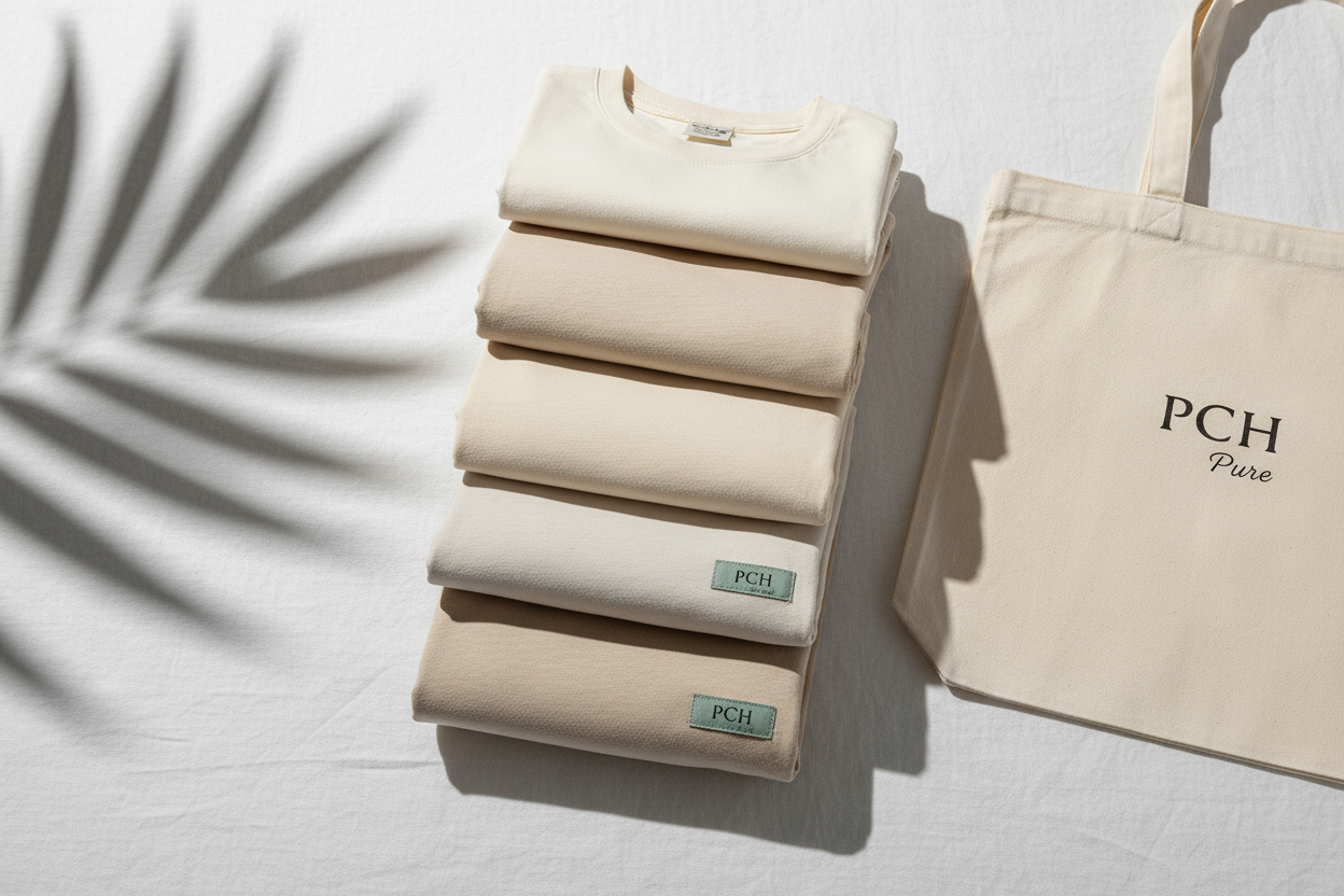 Neatly folded organic tees and a tote with the logo "PCH Pure" placed on a white linen backdrop with a subtle palm shadow.